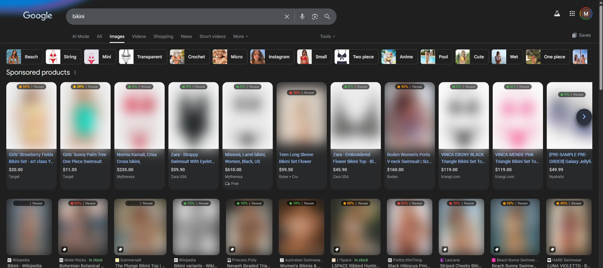 ScrollVeil detecting bikini content on Google Images with varying risk scores