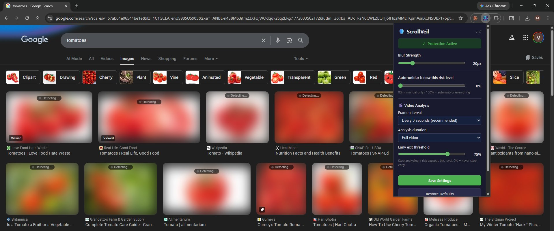 ScrollVeil analyzing tomato images in real-time