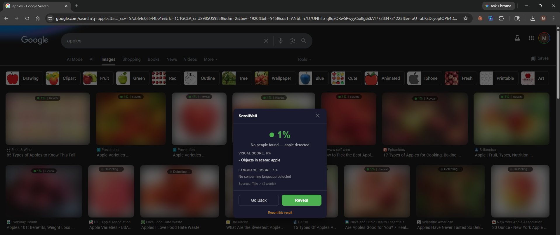 ScrollVeil detail modal showing 1% safe score for apple image