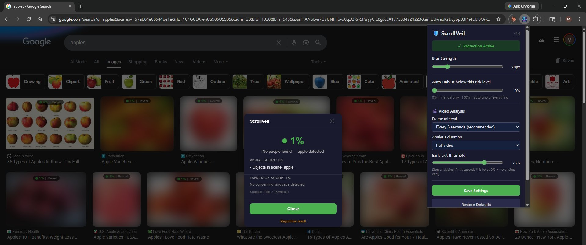 ScrollVeil detail modal and settings popup side by side