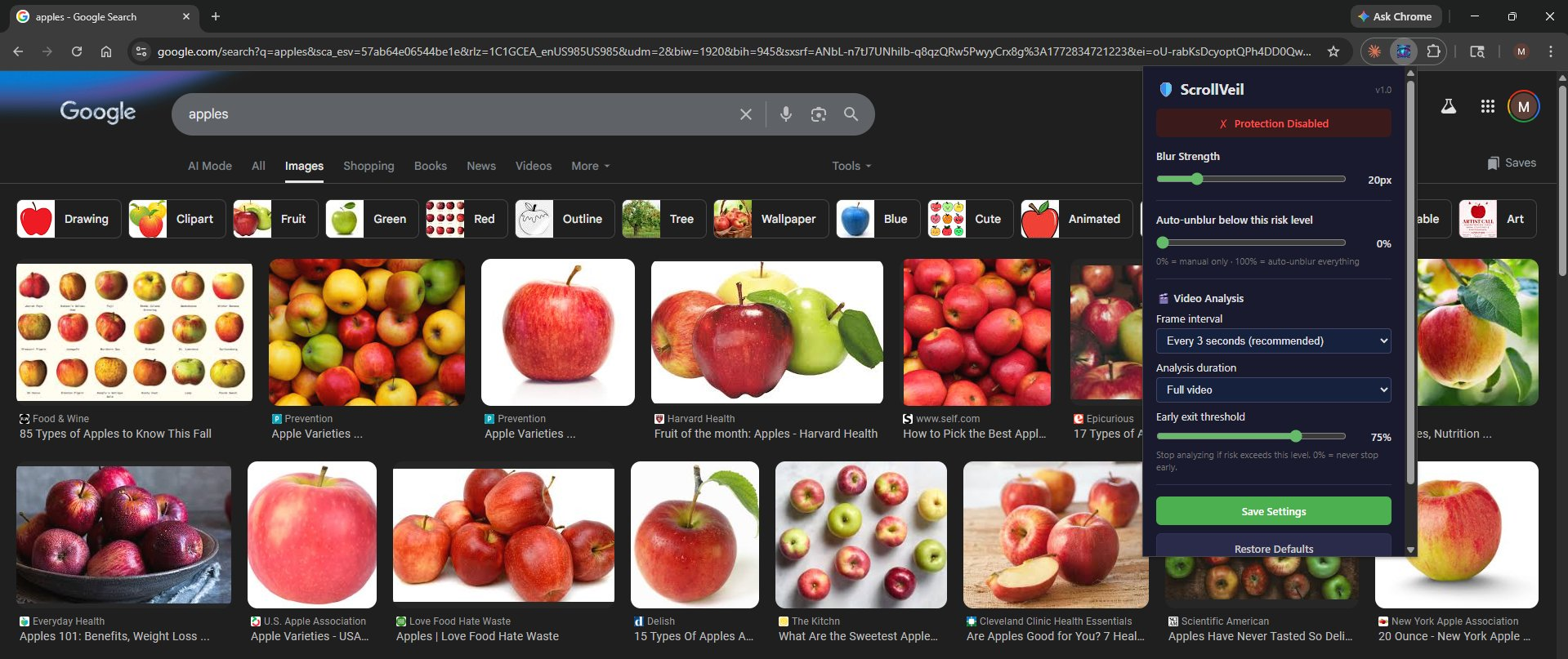Google Images search for apples with ScrollVeil protection disabled