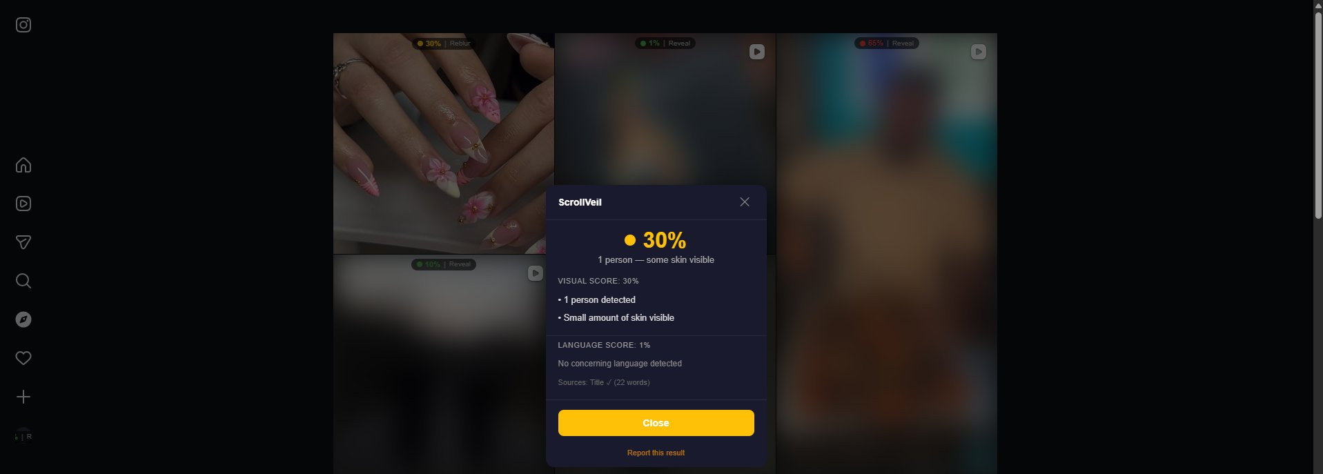 ScrollVeil detail modal on Instagram showing 30% score